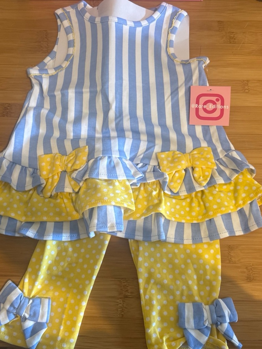 Rare Editions Blue and Yellow Striped Dress Set with Polka Dot Leggings
